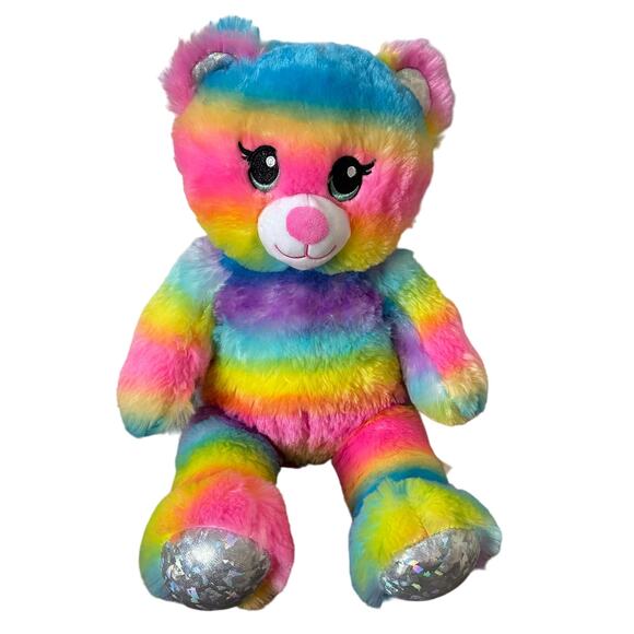 Build-A-Bear Rainbow Stripe Sparkle Bear Plush Pink Nose Prism Feet, Ear - Picture 1 of 8